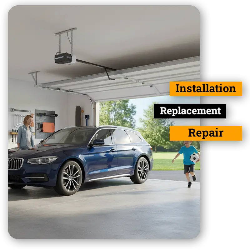 Family in modern garage with blue SUV, smart opener, and organized tools