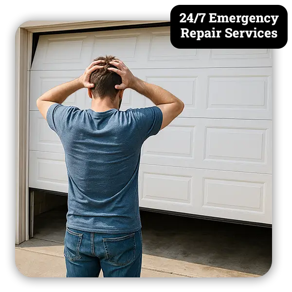 Man holding head in frustration at broken garage door