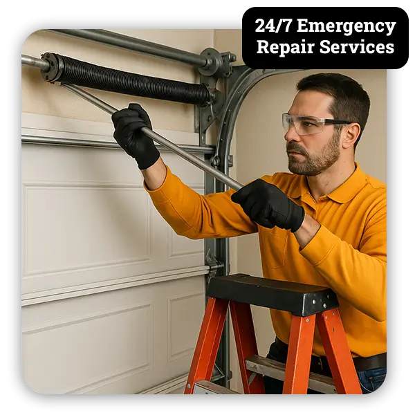 Technician adjusting garage door torsion spring on ladder