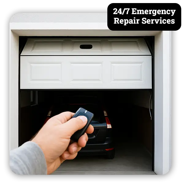 person using remote to open white residential garage door