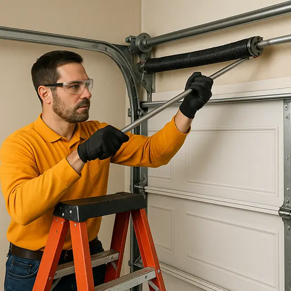 Technician adjusting garage door spring