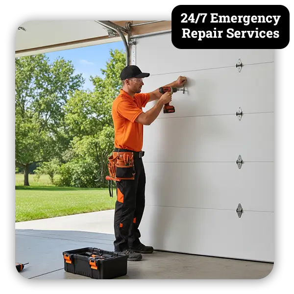 Technician installing white sectional garage door with power drill