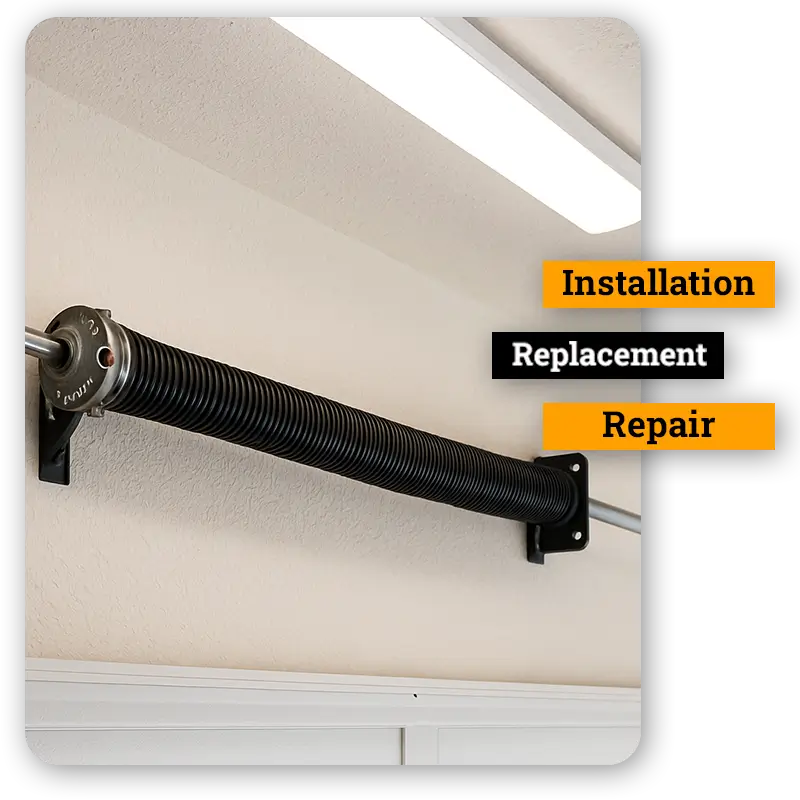 Close-up of a garage door torsion spring installed on a metal shaft