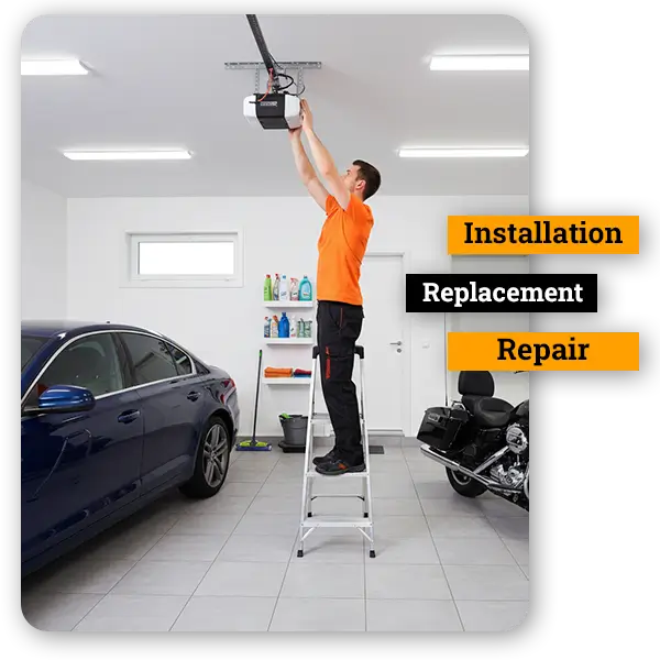 Technician testing garage door opener inside clean garage