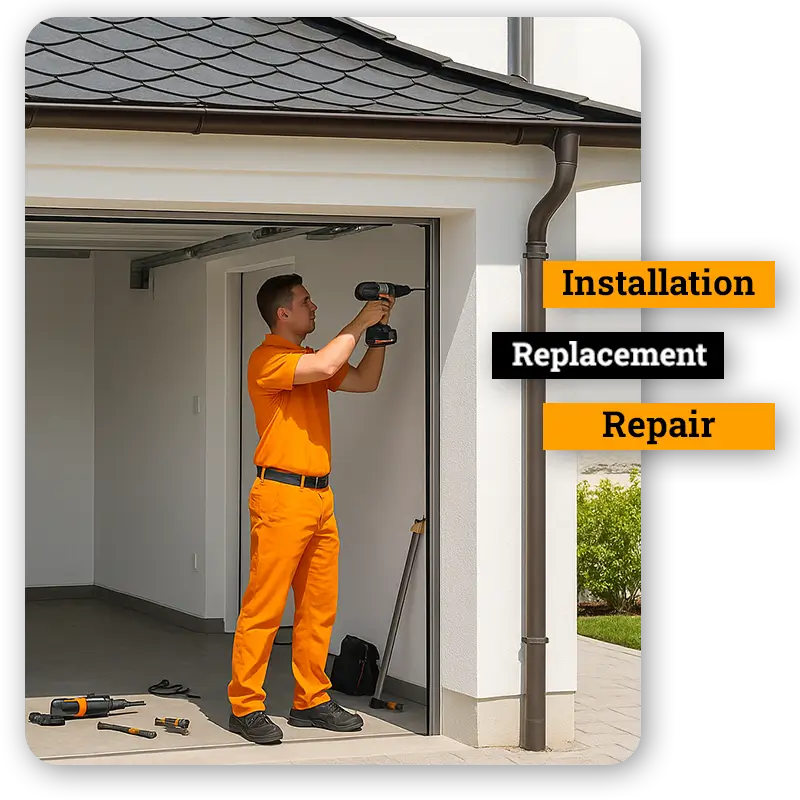 Technician using drill for garage door installation inside residential garage